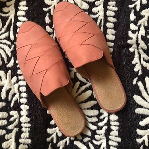 Coral colored leather slip on mules